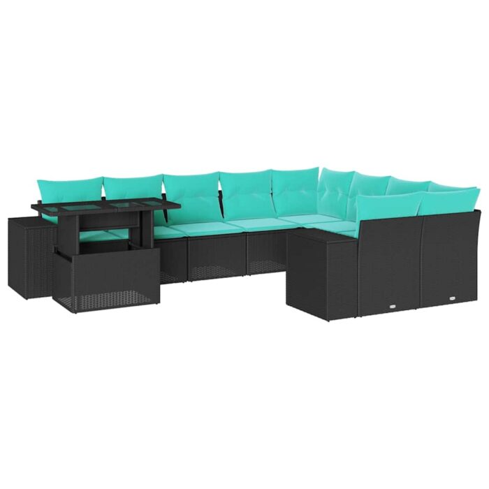10-teiliges Gartensofa-Set mit Kissen, schwarzes Polyrattan – Bild 2