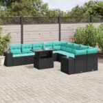 11-teiliges Gartensofa-Set mit Kissen, schwarzes Polyrattan