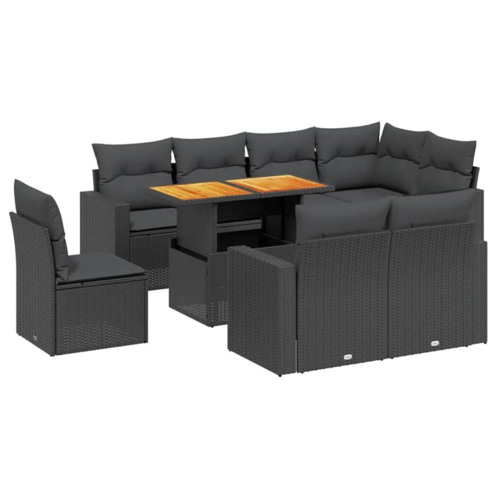 9-tlg. Garten-Sofagarnitur mit Kissen Schwarz Poly Rattan – Bild 2
