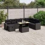 9-tlg. Garten-Sofagarnitur mit Kissen Schwarz Poly Rattan