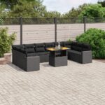 11-tlg. Garten-Sofagarnitur mit Kissen Schwarz Poly Rattan