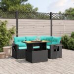 5-tlg. Garten-Sofagarnitur mit Kissen Schwarz Poly Rattan