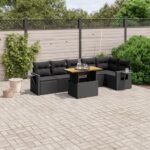 7-tlg. Garten-Sofagarnitur mit Kissen Schwarz Poly Rattan