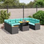 10-tlg. Garten-Sofagarnitur mit Kissen Grau Poly Rattan