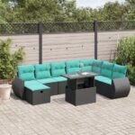 9-teiliges Gartensofa-Set mit Kissen, schwarzes Polyrattan