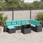 9-teiliges Gartensofa-Set mit Kissen, schwarzes Polyrattan