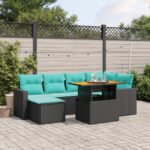 7-tlg. Garten-Sofagarnitur mit Kissen Braun Poly Rattan Akazie