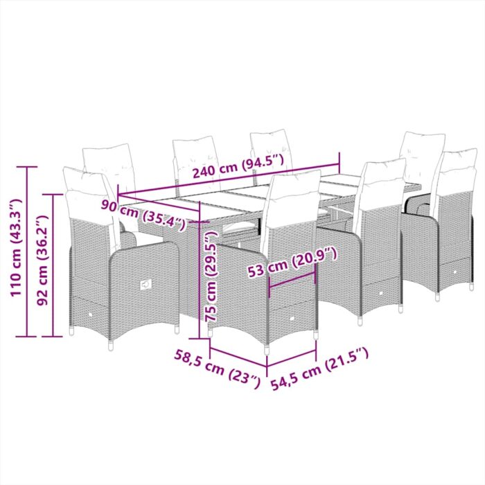 9-tlg. Garten-Bistro-Set mit Kissen Braun Poly Rattan – Bild 7