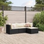 4-tlg. Garten-Lounge-Set mit Kissen Schwarz Poly Rattan