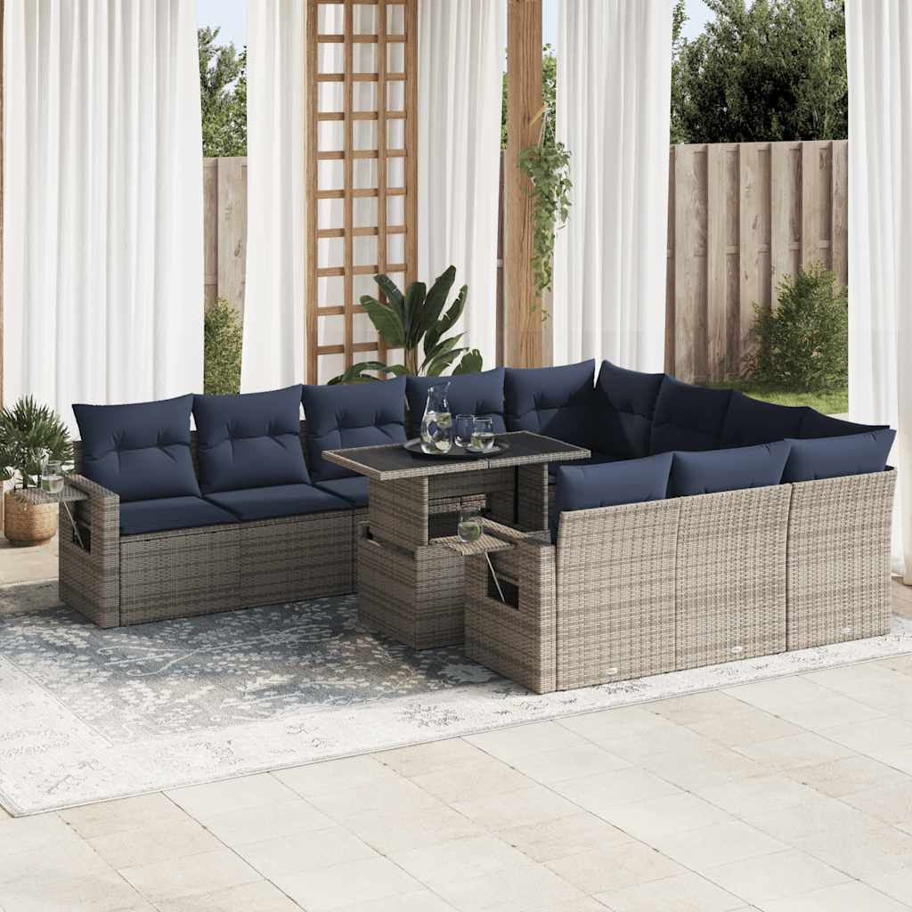 3326552_1.jpg 11-tlg. Garten-Sofagarnitur mit Kissen Grau Poly Rattan Akazie – Bild 1