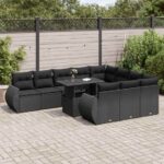 11-tlg. Garten-Sofagarnitur mit Kissen Schwarz Poly Rattan