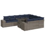 11-tlg. Garten-Sofagarnitur mit Kissen Grau Poly Rattan Akazie – Bild 2