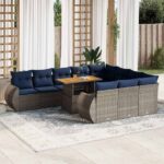 11-tlg. Garten-Sofagarnitur mit Kissen Grau Poly Rattan