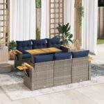 7-tlg. Garten-Sofagarnitur mit Kissen Schwarz Poly Rattan