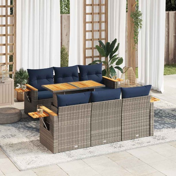 3327561_1.jpg 7-tlg. Garten-Sofagarnitur mit Kissen Schwarz Poly Rattan – Bild 1