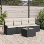 Sofa Set mit Kissen 5 pcs Schwarz Poly-Rattan
