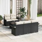 Sofa Set mit Kissen 6 pcs Schwarz Poly-Rattan