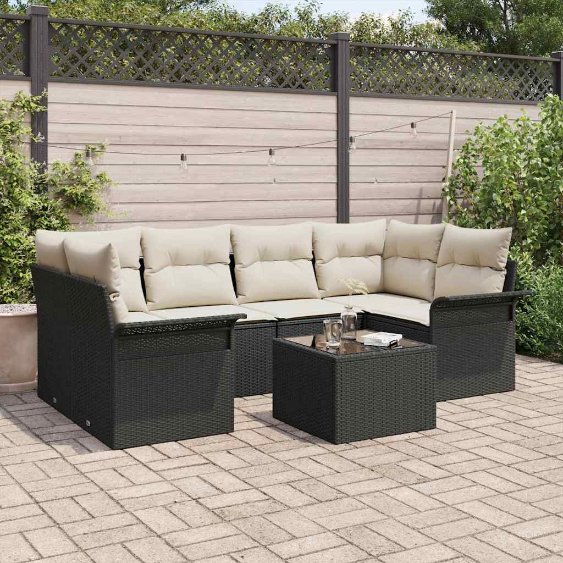 3345257_1.jpg Gartensofa-set mit Kissen 7 pcs Schwarz Poly-Rattan – Bild 1