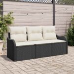 Gartensofa-set mit Kissen 3 pcs Schwarz Poly-Rattan