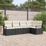 Sofa Set mit Kissen 5 pcs Schwarz Poly Rattan