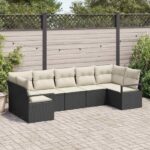 Sofa Set mit Kissen 7 pcs Schwarz Poly Rattan