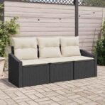 Sofa Set mit Kissen 3 pcs Schwarz Poly-Rattan