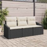 Sofa Set mit Kissen 3 pcs Schwarz Poly-Rattan
