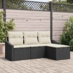 Sofa Set mit Kissen 4 pcs Schwarz Poly Rattan