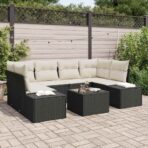 Sofa Set mit Kissen 7 pcs Schwarz Poly Rattan
