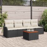 Gartensofa-set mit Kissen 5 pcs Schwarz Poly-Rattan