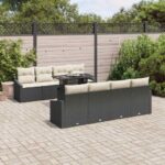 Garten-Sofa-Set mit Kissen 7 pcs Schwarz und Creme Poly-Rattan