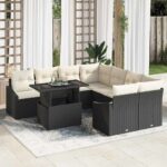 Gartensofa-set mit Kissen 9 pcs Schwarz und Creme Poly-Rattan