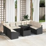 Sofa Set mit Kissen 10 pcs Schwarz und Creme Poly-Rattan