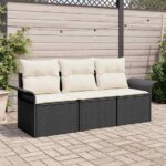 Garten-Sofa-Set mit Kissen 3 pcs Schwarz Poly Rattan