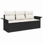 Garten-Sofa-Set mit Kissen 3 pcs Schwarz Poly Rattan – Bild 2