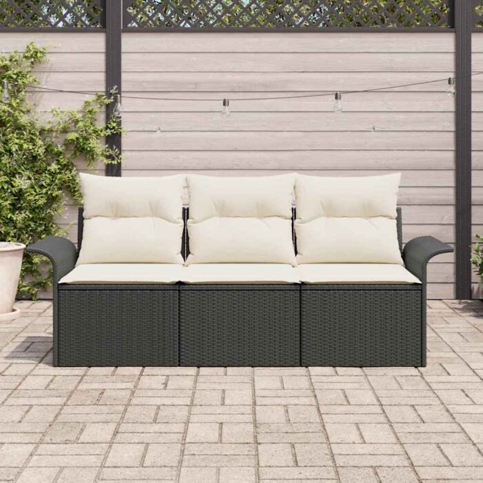 Garten-Sofa-Set mit Kissen 3 pcs Schwarz Poly Rattan – Bild 3
