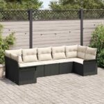 Garten-Sofa-Set mit Kissen 7 pcs Schwarz Poly Rattan