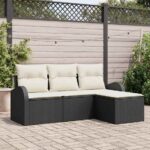 Sofa Set mit Kissen 4 pcs Schwarz und Weiss Poly-Rattan