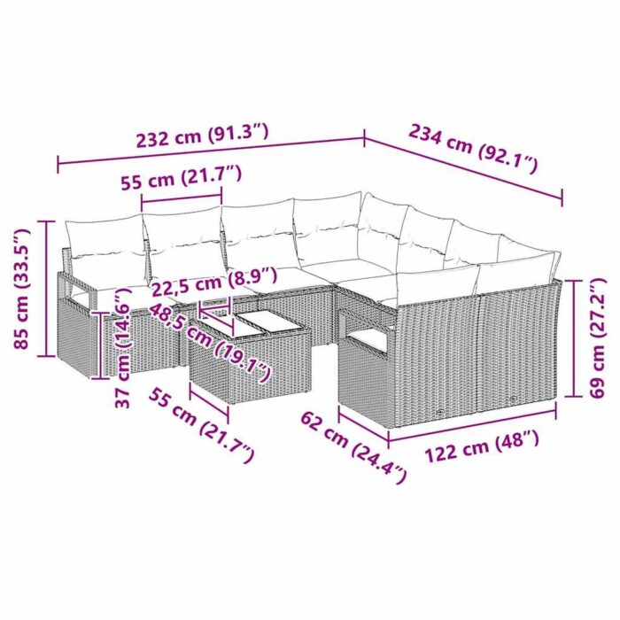 Sofa Set mit Kissen 9 pcs Schwarz und Creme Poly-Rattan – Bild 13