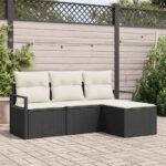 Sofa Set mit Kissen 4 pcs Schwarz und Creme Poly-Rattan