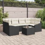 Sofa Set mit Kissen 7 pcs Schwarz und Creme Poly-Rattan