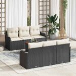 Gartensofa-set mit Speicher 7 pcs Schwarz und Creme Poly-Rattan