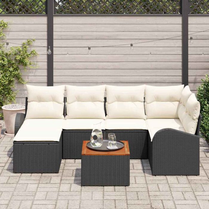 Gartensofa-set mit Speicher 7 pcs Schwarz und Creme Poly-Rattan – Bild 3