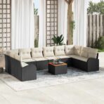 Gartensofa-set 11 pcs Schwarz und Creme Poly-Rattan