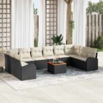 Gartensofa-set 11 pcs Schwarz und Creme Poly-Rattan