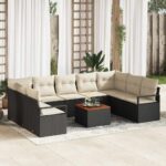 Gartensofa-set 10 pcs Schwarz und Creme Poly-Rattan