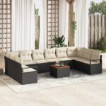 Gartensofa-set 11 pcs Schwarz und Creme Poly-Rattan