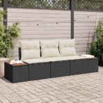 Garten-Sofa-Set mit Kissen 3 pcs Schwarz und Creme Poly Rattan