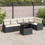 Garten-Sofa-Set mit Kissen mit Kissen 7 pcs Schwarz Poly Rattan