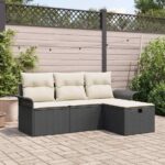 Garten-Sofa-Set mit Kissen 4 pcs Schwarz und Creme Poly Rattan